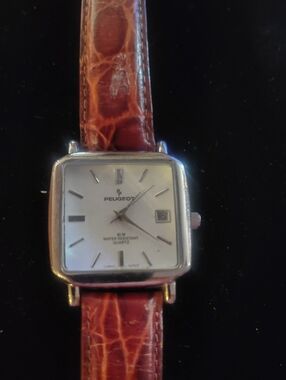 Peugeot Silver Square Dial Watch with Brown Leather. Needs Battery